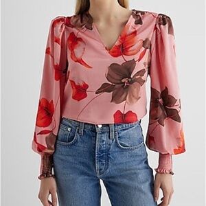 EXPRESS Satin floral V-neck long sleeve smocked cuff blouse
